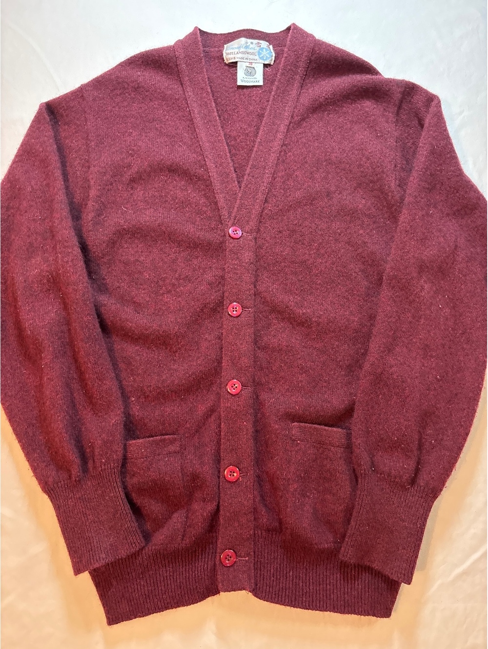 Vintage Snowflakes 100% Lambswool Cardigan Burgundy Woolmark Mens 38